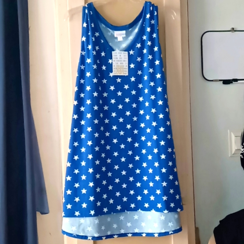 NWT LuLaRoe blue w/white stars high-low tank top